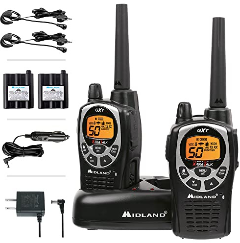 Midland GXT1000VP4 GMRS Two-Way Radio (50 Channel, Long Range, 142 Privacy Codes, SOS, NOAA, Rechargeable Nickel Battery, Black/Silver 2-Pack)