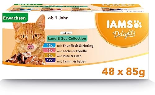 Iams Delights Land & Sea Collection, Nassfutter für Katzen in Gelee, 48 x 85 g