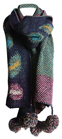 PB-SOAR Damen Strickschal Warmer Schal Halstuch mit bunten Punkten und abnehmbaren Bommeln 180 x 38cm (Dunkelblau)