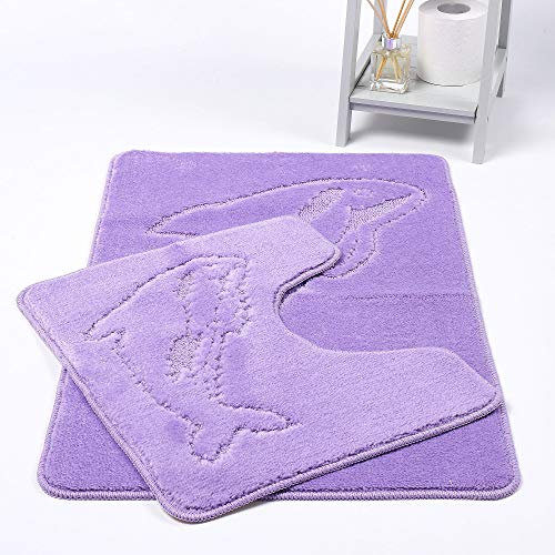 Night Zone Dolphin Bath Mat Set 2 Piece Non Slip Pedestal and Bath Mat Set Toilet Bathroom Rug (Lilac)