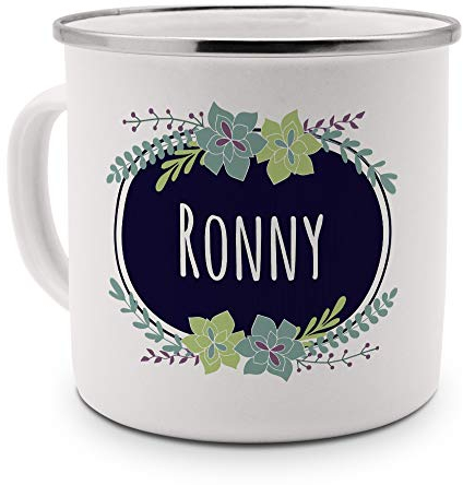 printplanet Emaille-Tasse mit Namen Ronny - Metallbecher mit Design Flowers - Nostalgie-Becher, Camping-Tasse, Blechtasse, Farbe Silber
