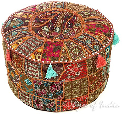 Eyes of India - 17 X 12 Small Red Patchwork Round Ottoman Pouf Pouffe Cover Floor Seating Indian Bohemian Accent Boho Chic Handmade