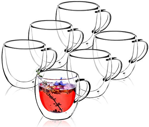 KADAX Lot de 6 tasses en verre à double paroi - 250 ml - Avec large poignée - Pour jus, thé, café, cappuccino, eau, thé glacé, glace