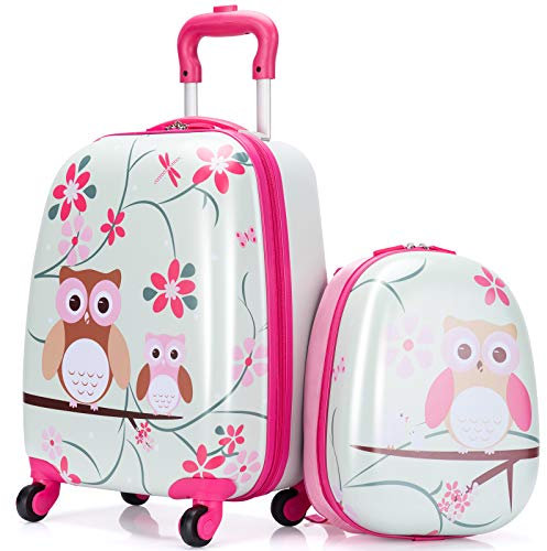 COSTWAY Valise Enfants à roulettes 16’’ & Sac à Dos 12’’ avec Poignée Télescopique, Bagage Enfants avec Motif Hibou, 4 Roues Rotatives, Lot de 2 Valise pour Fille Garçon