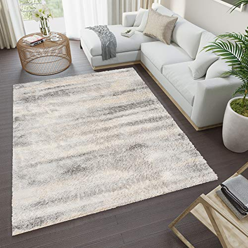 TAPISO Versay Teppich Shaggy Langflor Hochflor Creme Grau Modern Streifen Design Leinwand Optik Meliert Wohnzimmer Schlafzimmer ÖKOTEX 200 x 300 cm