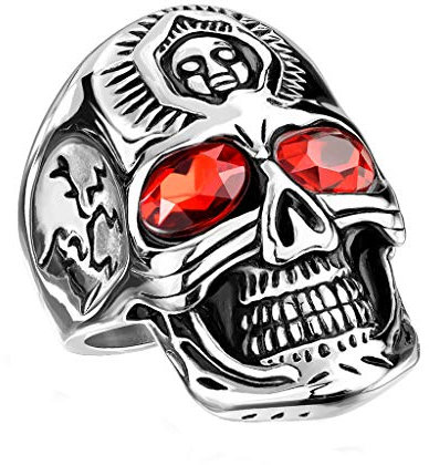 Herren Ring Edelstahl Massiv Breit Herrenring Männer Biker Rocker Schädel mit roten Kristall Augen Stirnring Siegelring Silber Größe 72 (22.9)