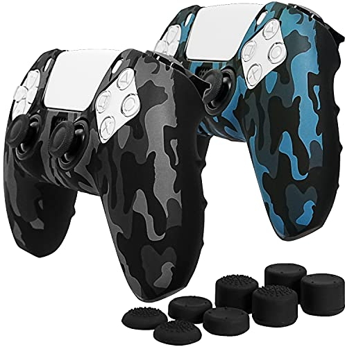 Fosmon Silikon-Schutzhülle für Sony PS5 DualSense Controller (2 Stück – Camouflage Schwarz/Blau), schweißfest, Schutzhülle mit 8 x Pro Daumenkappen