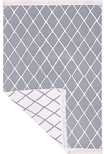 Fashion4Home Teppich Läufer - Tepiche für Wohnzimmer, Schlafzimmer, Küche, Kinderzimmer, Badezimmer - Boho Kelim - Läufer Flur, Stripe-Hellgrau-Weiß, Größe: 140x200 cm