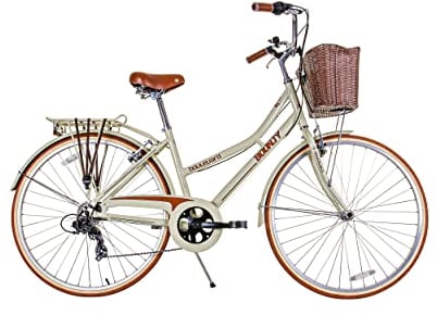 Bounty Boulevard Hybrid Bike - Classic Step-Through Frame with 6 Speed Shimano Gears, Sprung Saddle, Pannier Rack, and Front Basket - Formal Road Bike
