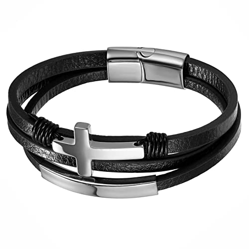 JewelryWe Schmuck Armband Herren Lederarmband Retro Kreuz Handgefertigt Leder Geflochten Mehrreihig Wickelarmband Armreif Manschette mit Edelstahl Magnetverschluss, Schwarz Silber