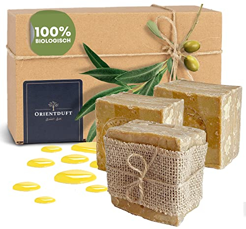 Orientduft® Original Aleppo Seife - 3 Stück | 10% Lorbeeröl mit 90% Bio Olivenöl Seife für Haar & Körper | parfümfreie & plastikfreie Naturseife | Naturkosmetik Haarseife & Körperseife