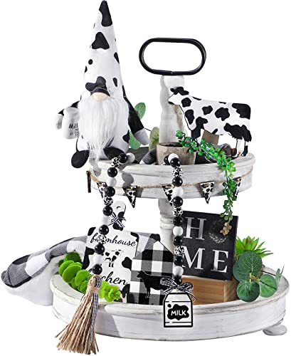 7 Pieces Wooden Farmhouse Tier Tray Decoration Set Black and White Kitchen Decor Cow Swedish Gnome with Milk Bottle Wood Bead Garland for Farmhouse Shelf Decor Rustic Wood Signs Home Decor