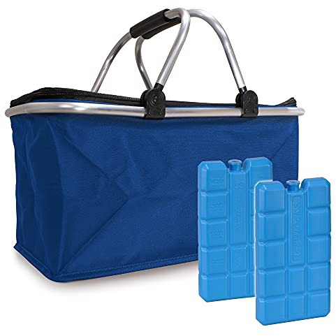 Einkaufskorb faltbar isoliert 25L & 2x Kühlakkus I Isolierkorb mit gepolsterten Tragegriffen & Reißverschluss am Deckel I Leicht klappbarer Kühlkorb - 10kg belastbar I Faltkorb perfekter Picknickkorb