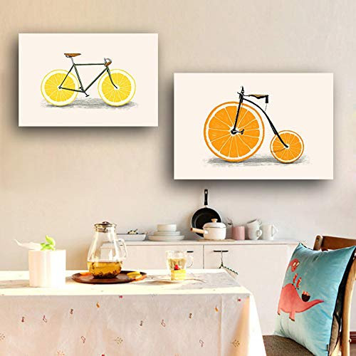 Einfaches Obst Zitrone Fahrrad Poster und Drucke Leinwand Gemälde Skandinavische Nordische Kunst Wandbild für Wohnzimmer Küche Zimmer 30x40cm(12x16in) x2 ungerahmt