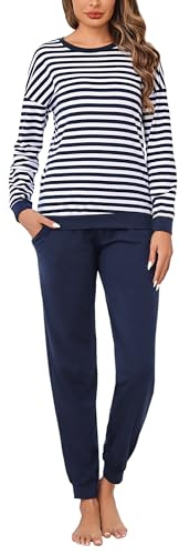 Bresdk Schlafanzug Damen Lang Baumwolle Pyjama Set Nachtwäsche Winter S-4XL | Zweiteiliger Hausanzug mit Streifenoberteil und Bündchen; bequeme Loungewear für Frauen und Seniorinnen, ideal für Zuhause