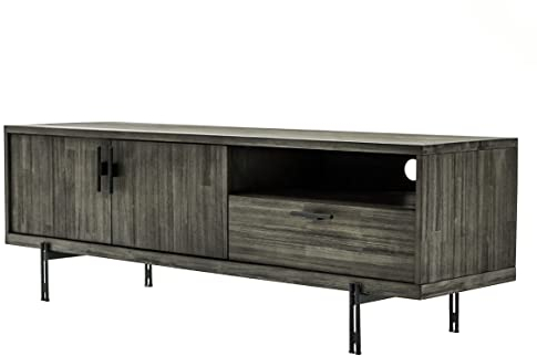 Kubi TV-Schrank aus Akazienholz, massiv, aschfarben, mit Metallfuß, Schwarz, 2 Türen und 1 Schublade, Industrie-Stil