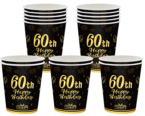 16 Stücke Pappbecher 60. Geburtstag,Einwegbecher Geburtstag,Schwarz und Gold Papierbecher 235ml,Papptrinkbecher für Party Geburtstag,Happy 60th Birthday Trinkbecher Papier Set für 60. Geburtstag Party
