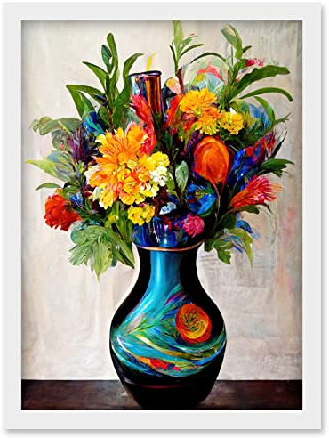 Doppelganger33 LTD Boldly Coloured Flower Bouquet In Decorative Vase Artwork Framed Wall Art Print A4