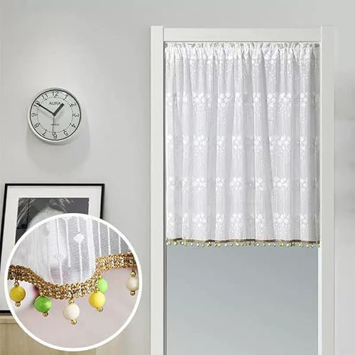 Devola Tür Vorhang hängend küche Scheibengardinen modern lang Bistrogardine mit quaste transparent Fertiggardine mit Blumenmuster Spitze gardinen Kurzstore BxH 85x120cm Gelb 1 Stück