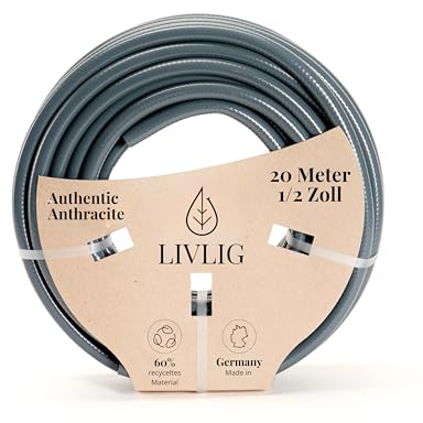 LIVLIG Gartenschlauch 20m, Gartenschlauch 1/2 Zoll Made in Germany, Wasserschlauch 20m aus recyceltem PVC, formstabil, Farbe: Anthrazit
