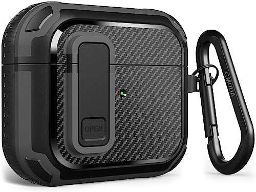 GMUDA AirPod 3 Case Cover mit Schloss, Kompatibel mit AirPods 3rd Generation(2021), Carbon Fiber, Full Drop Protection für AirPods 3, Schwarz