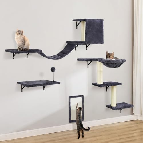 Katzen kletterwand Set mit Katzenbaum Hängematte,Katzenhöhle Wand,Katzenbrücke,Kratzbrett und Kratzbaum - 4-Teiliges Holz Katzenmöbel für Katzen Catwalk (Rauchgrau)
