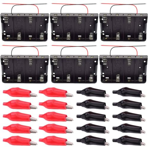 Xiatiaosann 4-Slot D Size Battery Holder with Two Wires, 6V D Size Battery Case Box with 20 x Aligator Clip (6 Pack)