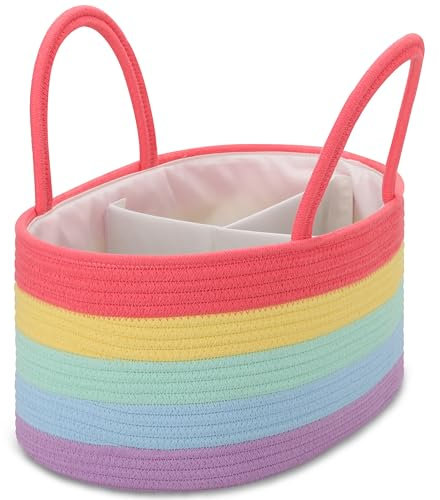COMSE Large Nappy Caddy Organizer for Girl Boy, Baby Car Diaper Caddy with Handles, Cotton Rope Diaper Basket, Baby Shower Gifts Newborn Essentials Registry Must Have, Rainbow