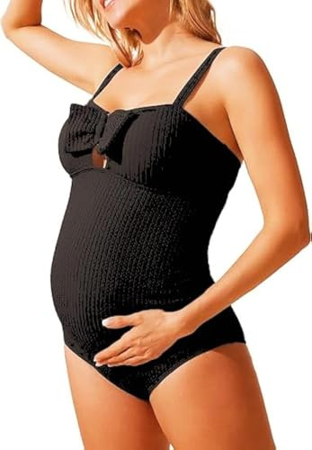 Maacie Maternidad Traje De Baño De Una Pieza Con Lazo Frente V-Cuello En V Embarazadas Corte, Negro , L