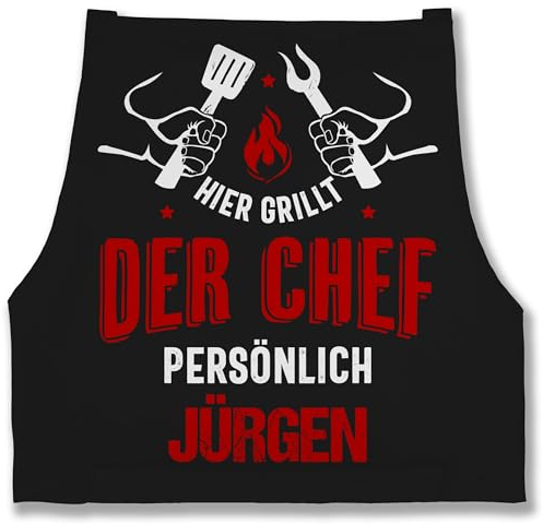 Schürze - Grillschürze Herren Männer - Hier grillt der Chef persönlich mit Namen - Grillzubehör Chef Vatertag Geschenkidee Papa - 85x69 - Schwarz - geschenke grillen personalisierte schürzen