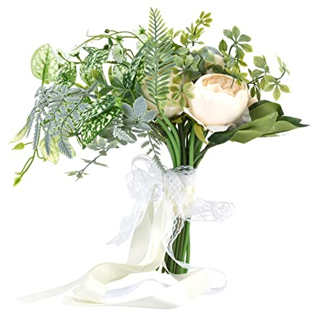 HERCHR Brautstrauß, Hochzeitsstrauß, Romantische Hochzeitsblumensträuße, Hochzeitsstraußhalter, Künstliche Blumen Für Bräute Und Brautjungfern(Creme)