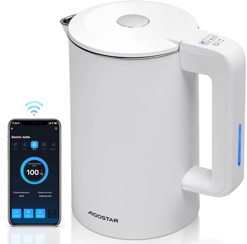 Aigostar Benjamin- Bollitore Smart controllo WLAN compatibile con Alexa e Google Home, Bollitore Elettrico Temperatura Regolabile 40-100 ℃, Doppia Parete, 1,7L 2200W. Funzione di Mantenimento Caldo
