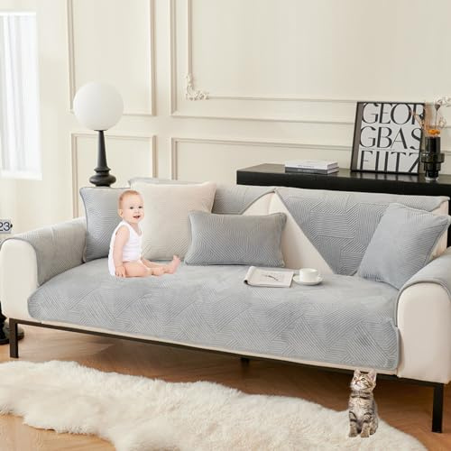 KCCRHIN 2024 Neue Sofabezug Aus Samt Sofaschoner L Form U Form Ecksofa Anti-Rutsch Couch Überzug Couch Cover Katze Hund Sofa Decke Überzug Sofaschutz Sofahusse Waschbar,Grau,110 * 210cm