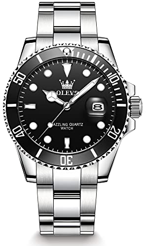 OLEVS Silber Herrenuhren Edelstahl Mode Analog Kleid Herren Uhren Schwarz Zifferblatt Modern Quarz Groß Herren Armbanduhr mit Datumsanzeige Leuchtend Wasserdicht Uhren für Männer Metallarmband