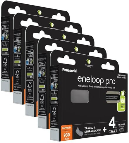 Eneloop Pro Lot de 5 x 4 Piles Rechargeables NiMh AAA/HR03 930mAh + boîte de Rangement