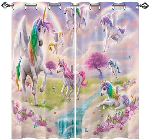 ANHOPE Regenbogen Einhorn Blume Vorhänge mit Ösen Blickdichte Gardinen Thermo Vorhang Blackout Curtain Schlafzimmer Wohnzimmer Kinder Mädchen Verdunklungsvorhänge 2er Set H 138 x B 107 cm