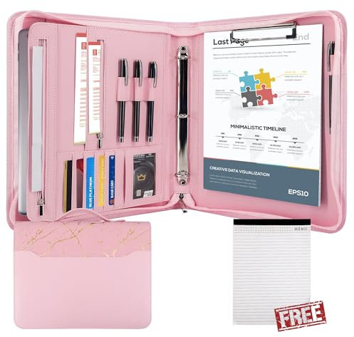 GraduationMall Schreibmappe A4 mit Ringbuch und Klemmbrett,Reißverschluss Portfolio Padfolio Business Mappe,Dokumentenmappe Organizer Pink