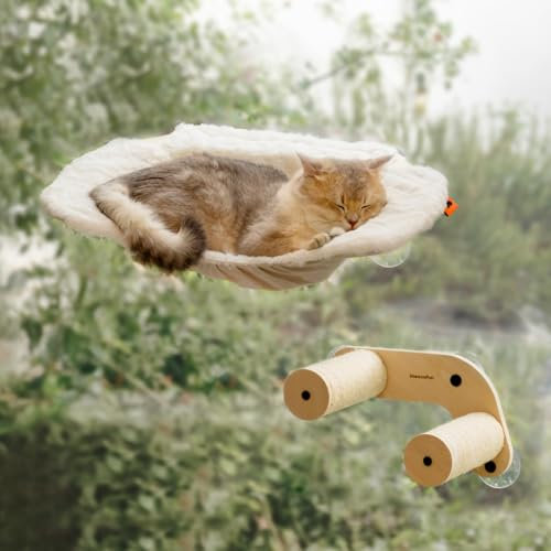 MEWOOFUN Hamac pour chat avec 2 escaliers, lit de fenêtre sans fil avec 3 ventouses, hamac en bois de 7,9 m de large pour chats d'intérieur