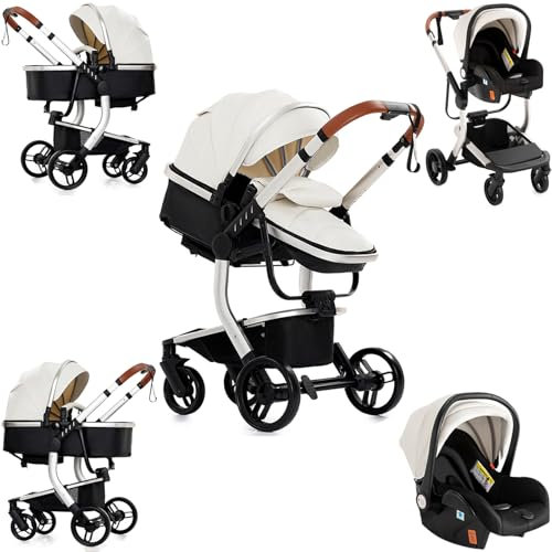 Sianldcone PU-Leder Kinderwagen 3 in 1, Hochwertige Stoffe Kinderwagen Set, Zwei-Wege-Schiebefunktion Reisesysteme, Offene Sicht Kombikinderwagen 3 in 1 Komplettset (518 White)