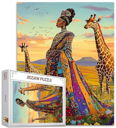 1000 Stück Puzzles für Erwachsene Afrika Schwarzes Mädchen Malerei Jigsaw Puzzle Tier Giraffe 1000 Stück Puzzles Spiel Afro-Amerika Frau Dekor DIY Craft Room Decor Wildlife Puzzle Kunst Geschenk