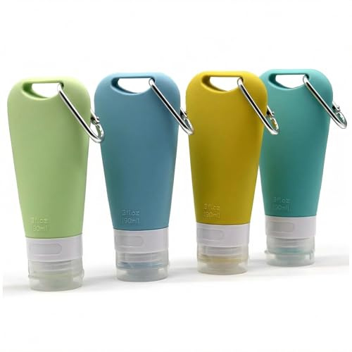 90ml Silicone Travel Bottles (4 Pack) - Leak Proof Refillable Toiletry Containers with Carabiner for Travel, Camping, and Dog Training Reward - Squeezable Tubes for Shampoo, Lotion & Wet Dog Food