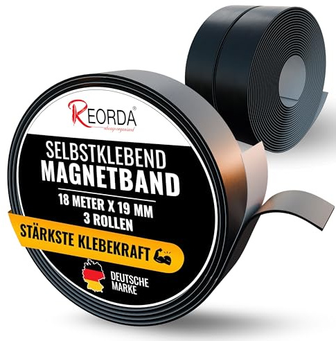 REORDA® Magnetband selbstklebend - [STARKER KLEBER] Magnetstreifen selbstklebend - Magnetklebeband mit optimierter Magnetkraft - Magnet Klebeband (18 Meter)