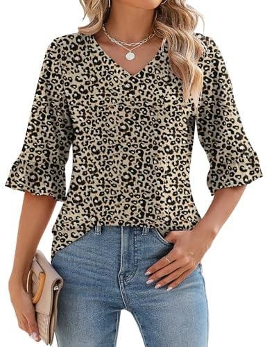 IECCP Womens Summer Tops,3/4 Blouse for Ladies Going Out Tops for Women UK Plus Size Floral Printed Summer Blouse Fashion T Shirts Apricot Black XL