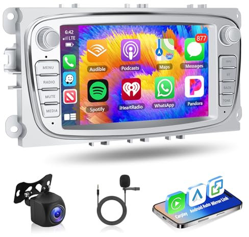 Motorsi Wireless Carplay Autoradio für Ford Focus II S-Max Mondeo Galaxy II, 9“ 2+64G Android Car Radio with Android Auto/Touch Screen/Bluetooth/GPS/SWC/WiFi/Mirror Link/FM/RDS/HiFi/Mic + Rear View