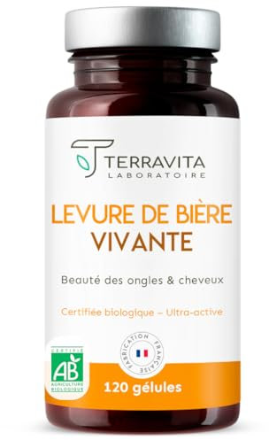 LEVURE DE BIÈRE Active BIO | Naturellement Riche en Biotine, Vitamines et Minéraux | Pousse des Cheveux, Ongles Forts et Peau Lisse | 120 Gélules | Made in France | Terravita