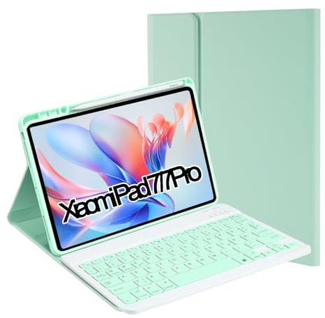 SUEEWE Tastatur mit Hülle für Xiaomi Pad 7/7 Pro 11,2 2024, Grün | TPU Rückseite Hülle mit Magnetisch Abnehmbarer QWERTZ Tastatur