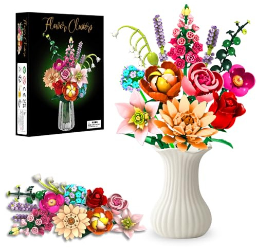 Flower Clusters Blumenstrauß-Bausatz, 762 Teile Ewiger Blumenstrauß mit Hibiscus, Rose, Lilie, Lavendel & mehr, DIY Deko-Set für Wohnraum, Weihnachten, Bausteine für Erwachsene & Kinder ab 6 Jahren