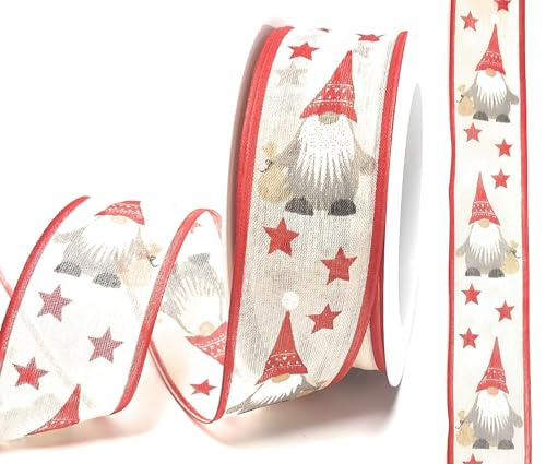 s.dekoda Schleifenband 20m x 40mm Creme - Rot Wichtel Zwerg Gnom Sterne Dekoband transparent [D217]