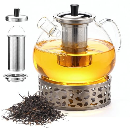 1500 ml Teapot with Warmer, Teapot with Strainer Insert and Lid, Glass Tea Maker with Removable Strainer Insert, Heat-Resistant Glass Jug for Loose Teas Fruit Tea Scented Tea Flower Tea (Silver)