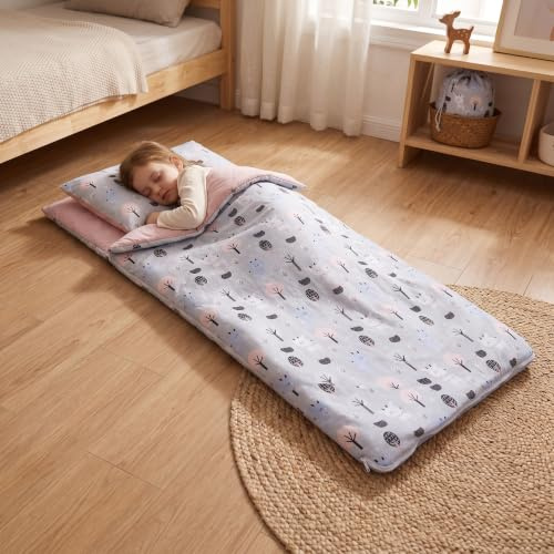 PinkZebra Schlafsack Kinder 140 x 75 cm (für 90-120 cm Körpergröße) + Kissenbezug 60x40 cm & Beutel – Indoor Deckenschlafsack für Kita & Kindergarten, 100% Baumwolle, Öko-Tex, Bambi